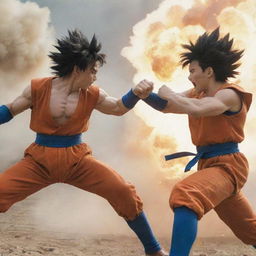 A dynamic live-action scene of Goku and Vegeta from Dragon Ball, engaged in an intense battle.