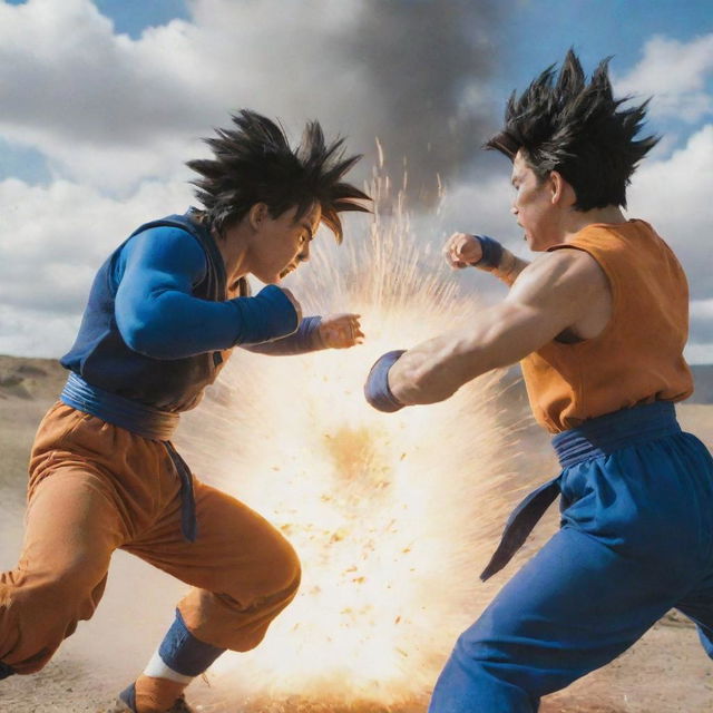 A dynamic live-action scene of Goku and Vegeta from Dragon Ball, engaged in an intense battle.