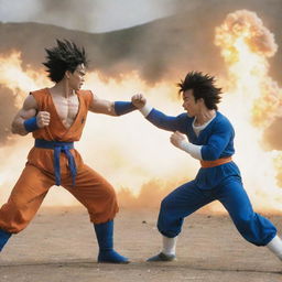 A dynamic live-action scene of Goku and Vegeta from Dragon Ball, engaged in an intense battle.