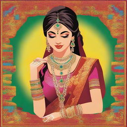 Create a vibrant Bollywood movie style poster featuring a bride getting ready for her marriage