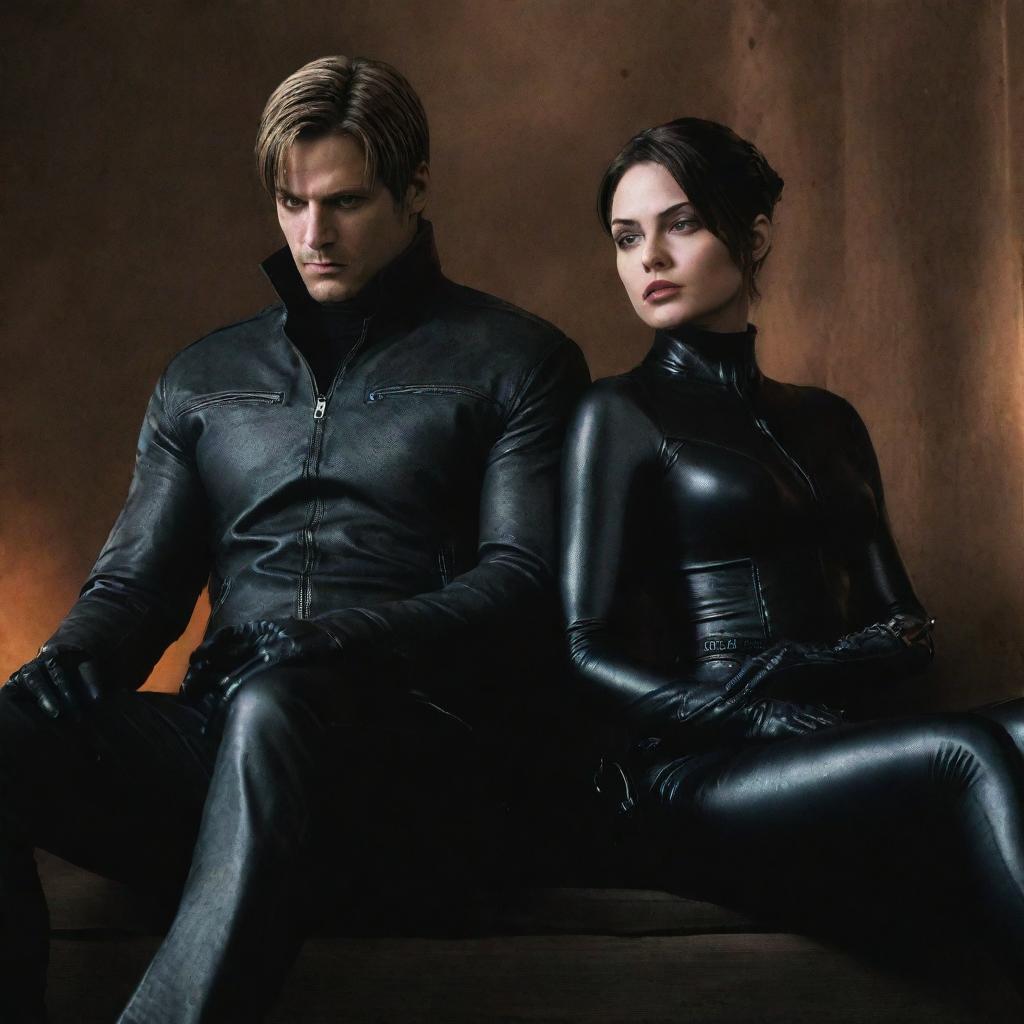 Leon S. Kennedy from Resident Evil 4 and Catwoman from DC Comics seated together in a dramatic, comic book style setting