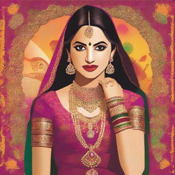 Create a vibrant Bollywood movie style poster featuring a bride getting ready for her marriage