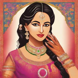 Create a vibrant Bollywood movie style poster featuring a bride getting ready for her marriage