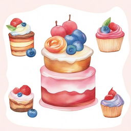 A beautiful watercolor painting featuring a delicious dessert display with cakes, pastries, and cookies