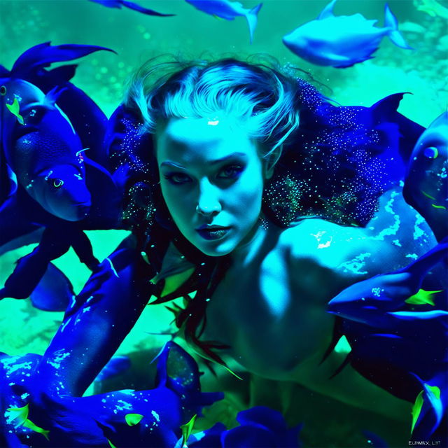 An edgy scene showing a beautiful succubus swimming naked underwater, surrounded by colorful fish and bioluminescent coral