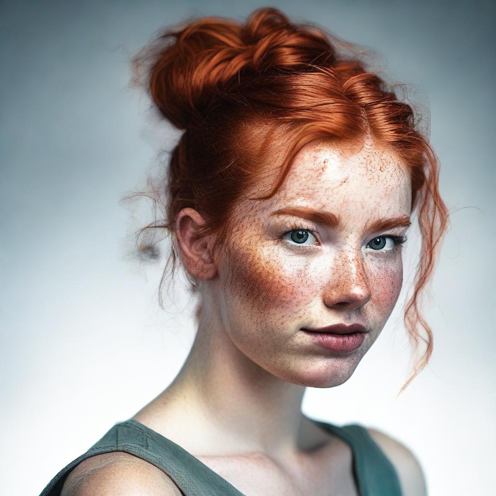 A detailed and realistic portrait of a 23-year-old woman with red hair tied in a messy bun