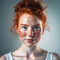 A detailed and realistic portrait of a 23-year-old woman with red hair tied in a messy bun