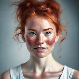 A detailed and realistic portrait of a 23-year-old woman with red hair tied in a messy bun