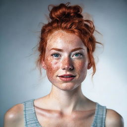 A detailed and realistic portrait of a 23-year-old woman with red hair tied in a messy bun