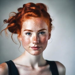 A detailed and elegant portrait of a 23-year-old woman with red hair tied in a messy bun