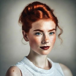 A detailed and elegant portrait of a 23-year-old woman with red hair tied in a messy bun