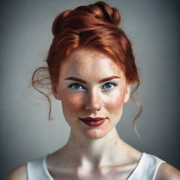 A detailed and elegant portrait of a 23-year-old woman with red hair tied in a messy bun