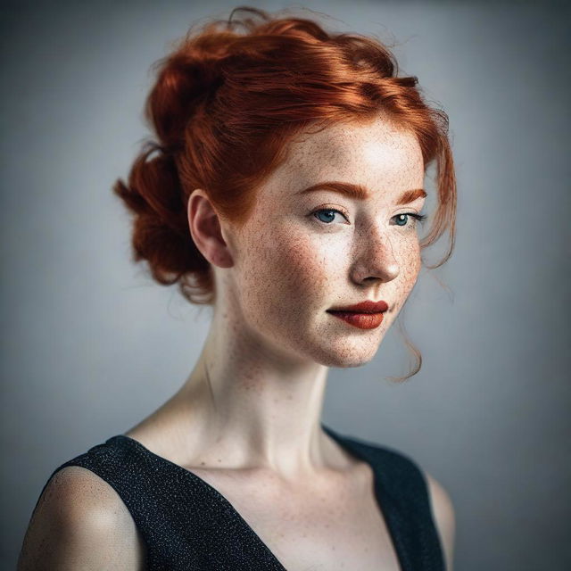 A detailed and elegant portrait of a 23-year-old woman with red hair tied in a messy bun