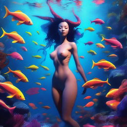 A serene underwater scene showing a beautiful succubus swimming naked, surrounded by numerous colorful fish and bioluminescent coral