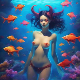 A serene underwater scene showing a beautiful succubus swimming naked, surrounded by numerous colorful fish and bioluminescent coral