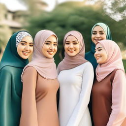 A group of women wearing hijabs, standing together in a serene outdoor setting