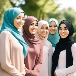 A group of women wearing hijabs, standing together in a serene outdoor setting