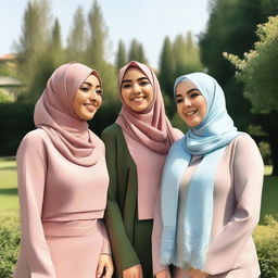 A group of women wearing hijabs, standing together in a serene outdoor setting