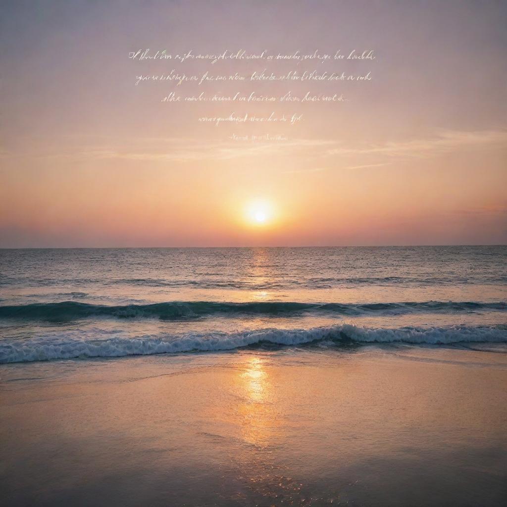 A striking image of a soft sunset over the ocean, with a transparent overlay of a motivational quote in elegant handwriting.