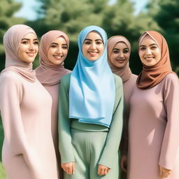 A group of women wearing hijabs, standing together in a serene outdoor setting