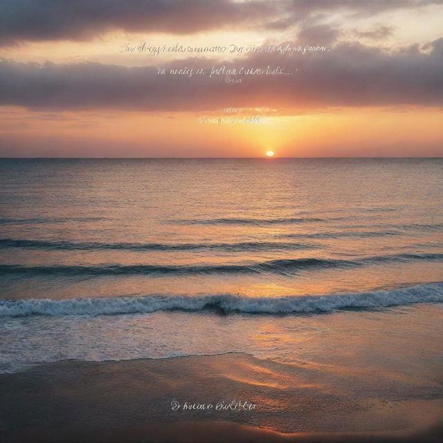 A striking image of a soft sunset over the ocean, with a transparent overlay of a motivational quote in elegant handwriting.