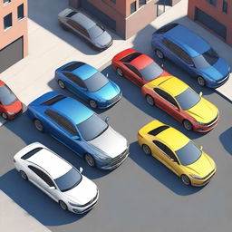 A detailed and realistic image of various cars parked in a modern city street