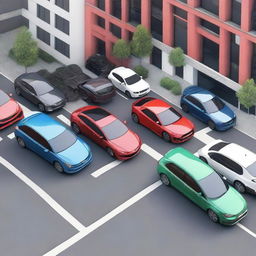 A detailed and realistic image of various cars parked in a modern city street