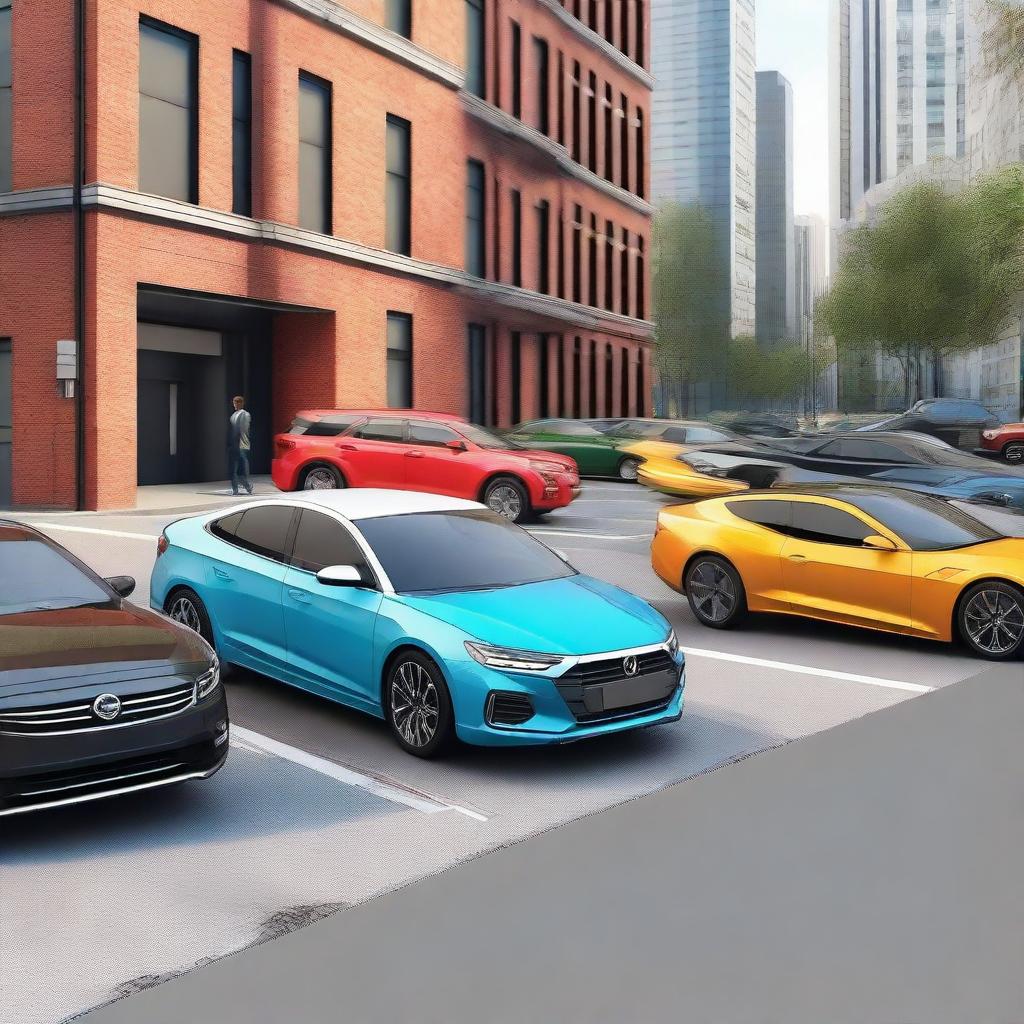 A detailed and realistic image of various cars parked in a modern city street