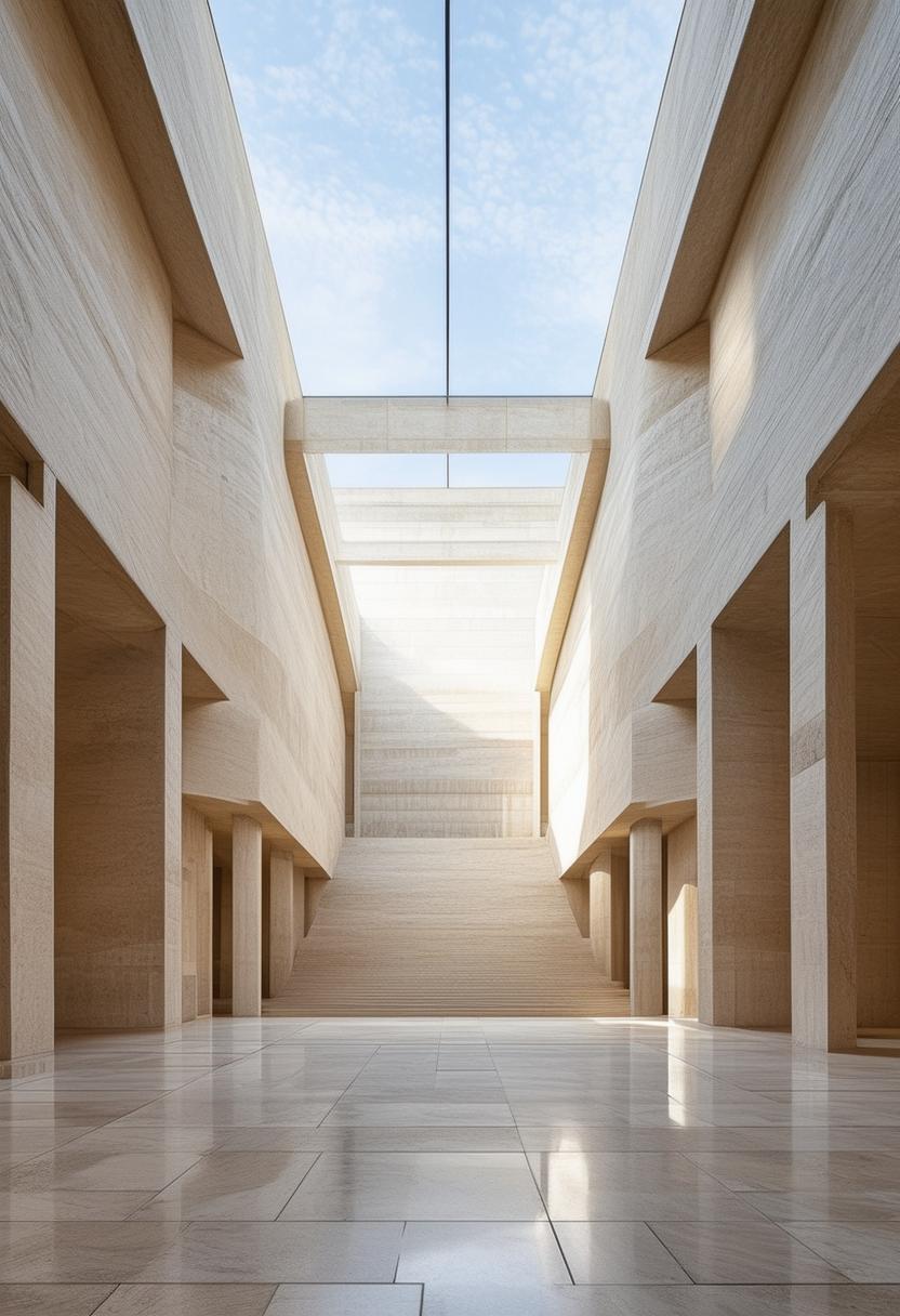 A beautiful limestone atrium with minimalist Roman architecture, illuminated by skylight shafts of light