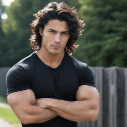 An attractive, muscular young man with a small and cute face, complemented by a long fence, wavy hair styled in a wolf cut. His jet black hair beautifully contrasts with his confident and alluring expression.