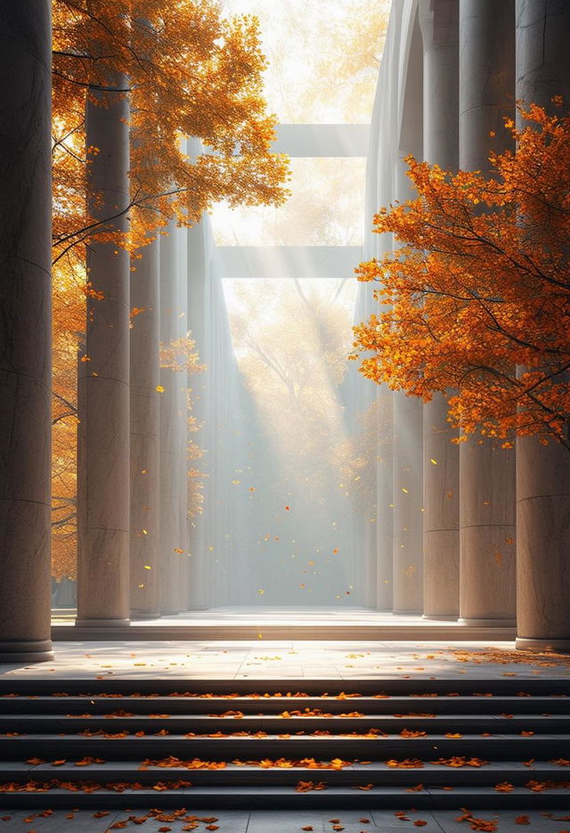 A beautiful limestone atrium with minimalist Roman architecture, illuminated by skylight shafts of light