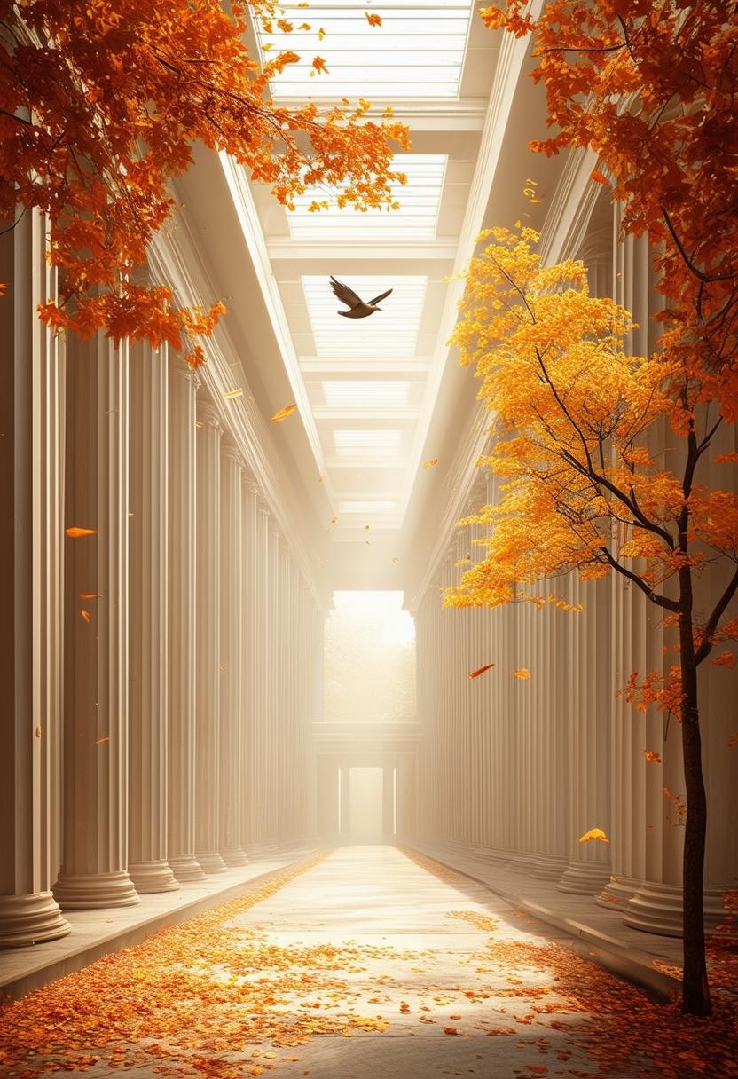 A beautiful limestone atrium with minimalist Roman architecture, illuminated by skylight shafts of light