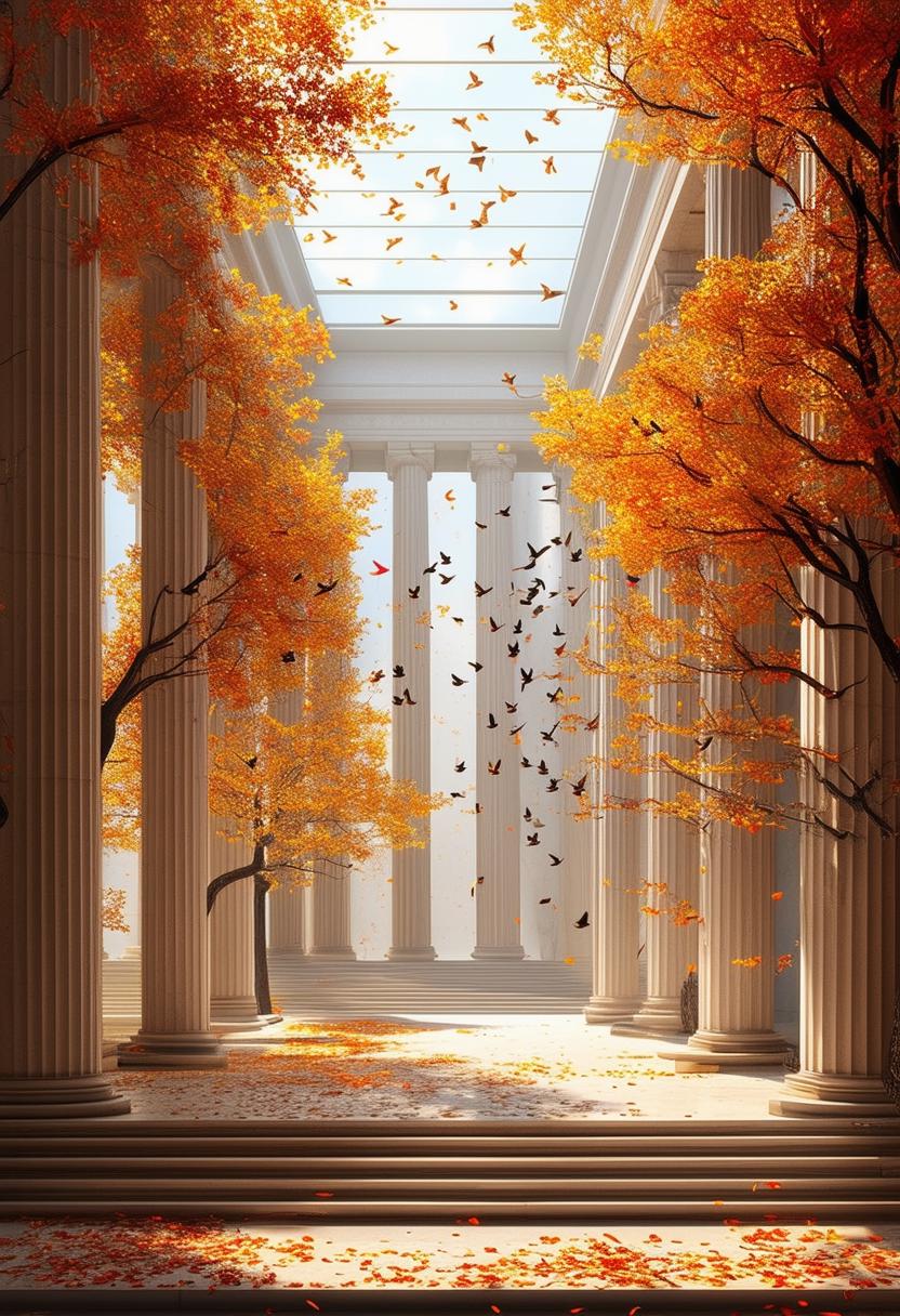 A beautiful limestone atrium with minimalist Roman architecture, illuminated by skylight shafts of light