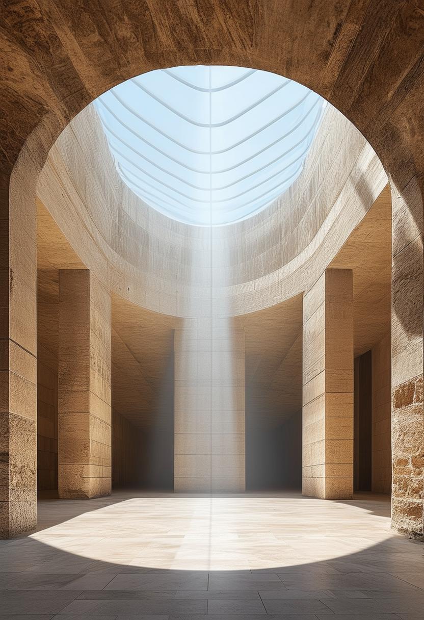 A beautiful limestone atrium with minimalist Roman architecture, illuminated by skylight shafts of light