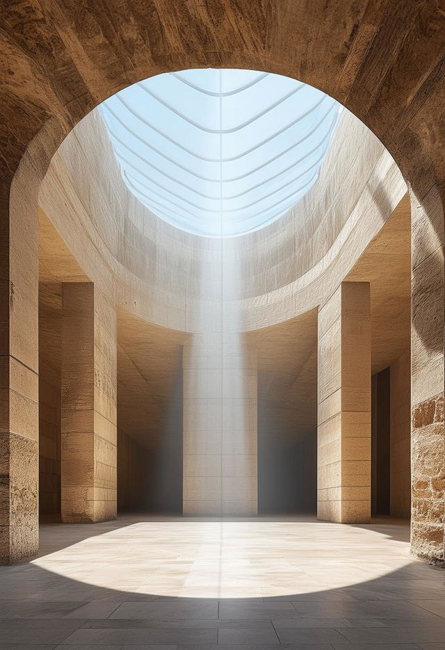 A beautiful limestone atrium with minimalist Roman architecture, illuminated by skylight shafts of light