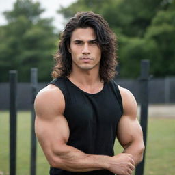 An attractive, muscular young man with a small and cute face, complemented by a long fence, wavy hair styled in a wolf cut. His jet black hair beautifully contrasts with his confident and alluring expression.