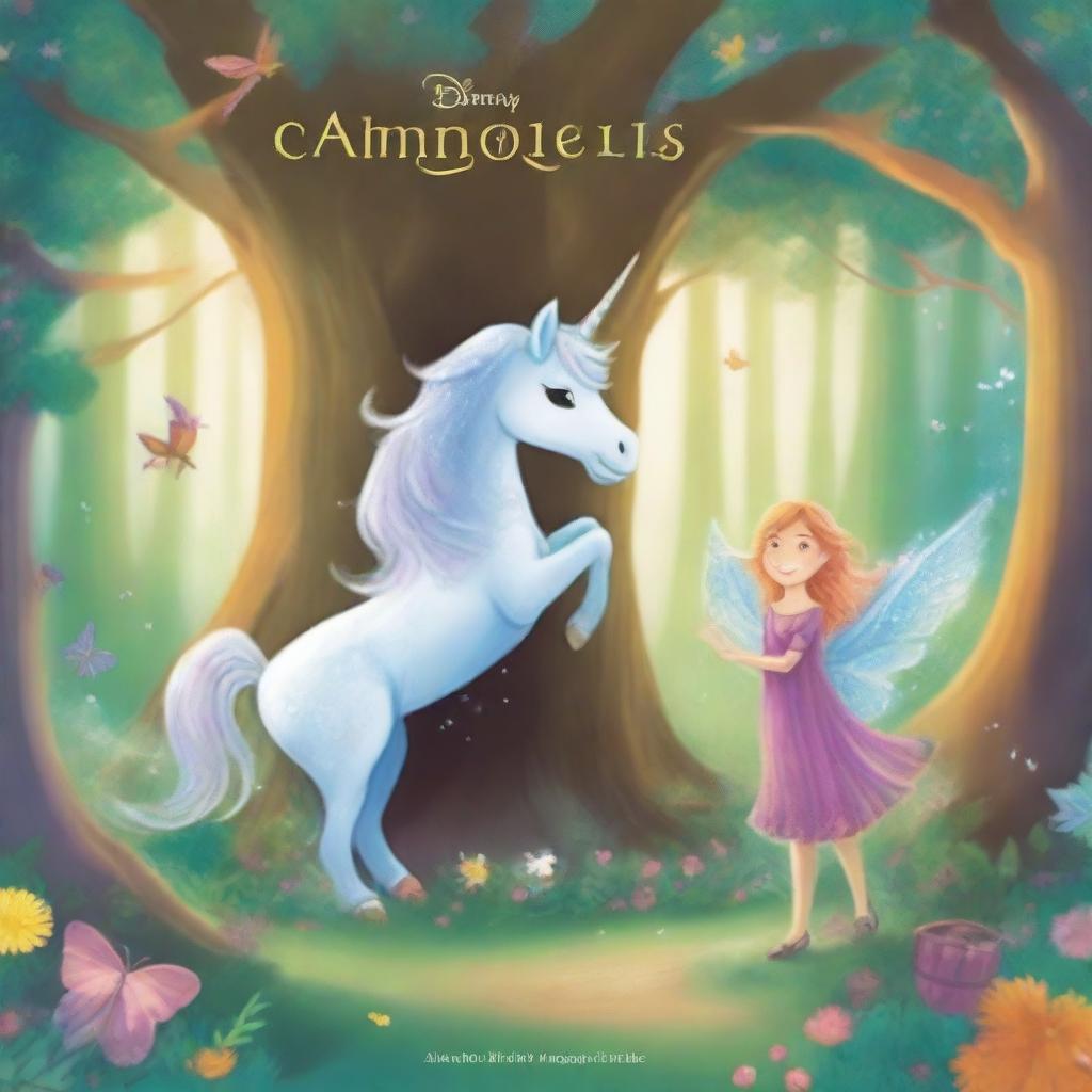 An enchanting scene featuring Sparkle, a magical unicorn, and her diverse group of friends, including a fairy, a dragon, and a talking tree, embarking on whimsical adventures in a lush, vibrant forest