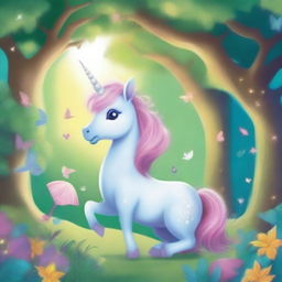 An enchanting scene featuring Sparkle, a magical unicorn, and her diverse group of friends, including a fairy, a dragon, and a talking tree, embarking on whimsical adventures in a lush, vibrant forest