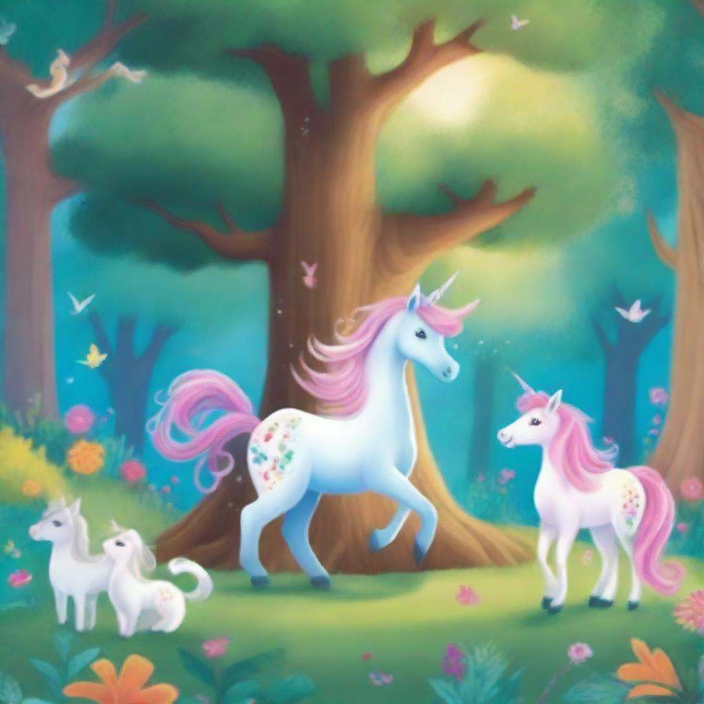 An enchanting scene featuring Sparkle, a magical unicorn, and her diverse group of friends, including a fairy, a dragon, and a talking tree, embarking on whimsical adventures in a lush, vibrant forest