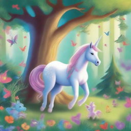 An enchanting scene featuring Sparkle, a magical unicorn, and her diverse group of friends, including a fairy, a dragon, and a talking tree, embarking on whimsical adventures in a lush, vibrant forest