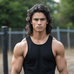 An attractive, muscular young man with a small and cute face, complemented by a long fence, wavy hair styled in a wolf cut. His jet black hair beautifully contrasts with his confident and alluring expression.