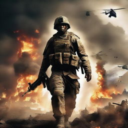 Create an epic war movie poster featuring a soldier named Kawon