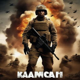 Create an epic war movie poster featuring a soldier named Kawon