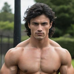 An attractive, muscular young man with a small and cute face, complemented by a long fence, wavy hair styled in a wolf cut. His jet black hair beautifully contrasts with his confident and alluring expression.