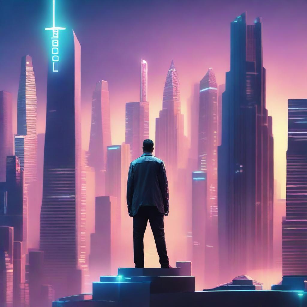 Create a movie cover featuring a futuristic cityscape with towering skyscrapers, flying cars, and neon lights