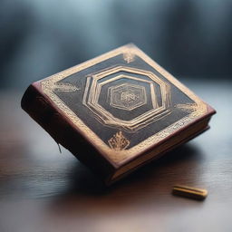 A thick leather book with a golden hexagon in the center, placed on a wet, misty background