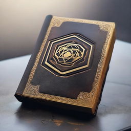 A thick leather book with a golden hexagon in the center, placed on a wet, misty background