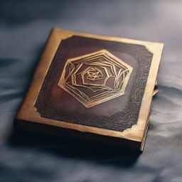 A thick leather book with a golden hexagon in the center, placed on a wet, misty background