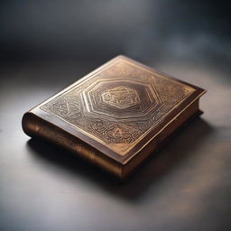 A thick leather book with a golden hexagon in the center, placed on a wet, misty background