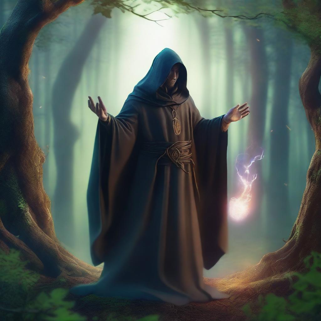 A mage in a flowing cloak casting a spell in a mystical forest